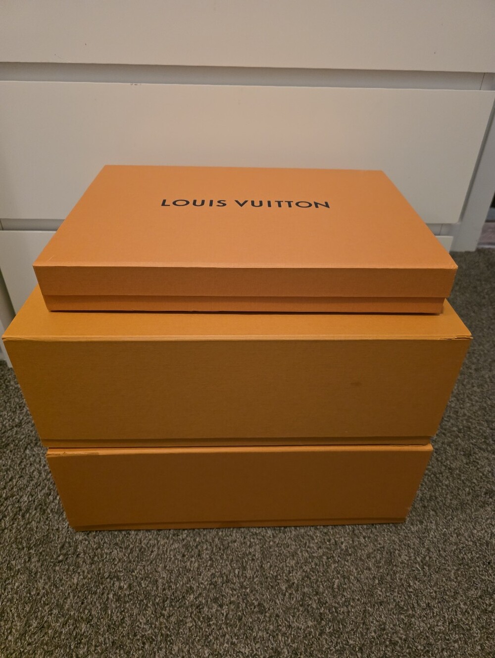 Three Louis Vuitton Orange Gift Box Stack Bundle 2 Large 1 Medium